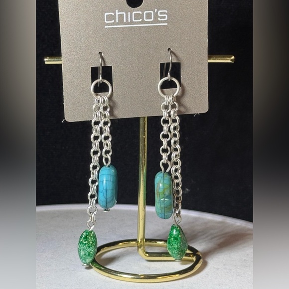 Chico’s Silver Tone Dangling Faux Aquamarine Earrings 3 inch approx - Picture 6 of 8